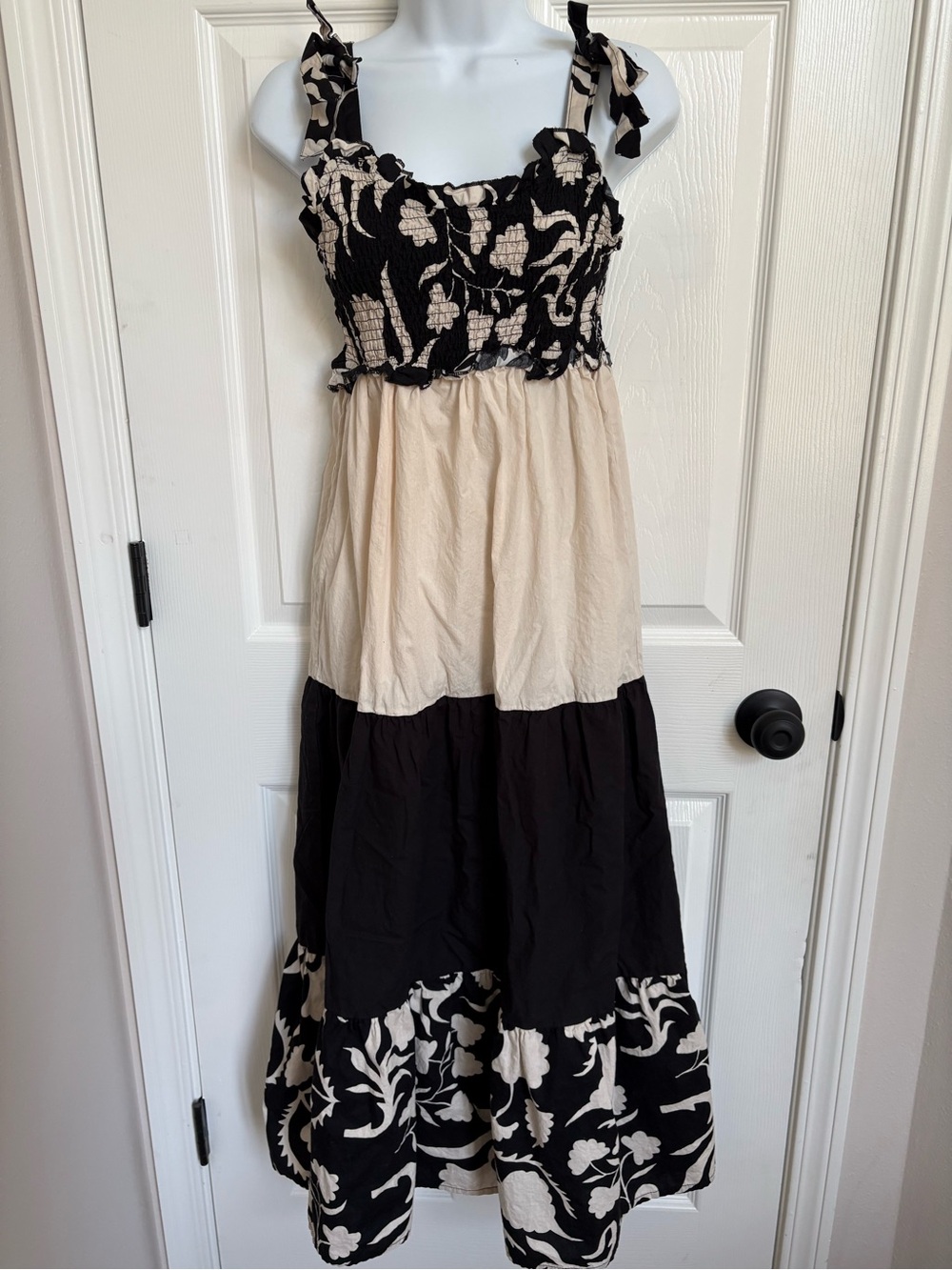 Black and Cream Tiered Maxi Dress with Smocked Bodice